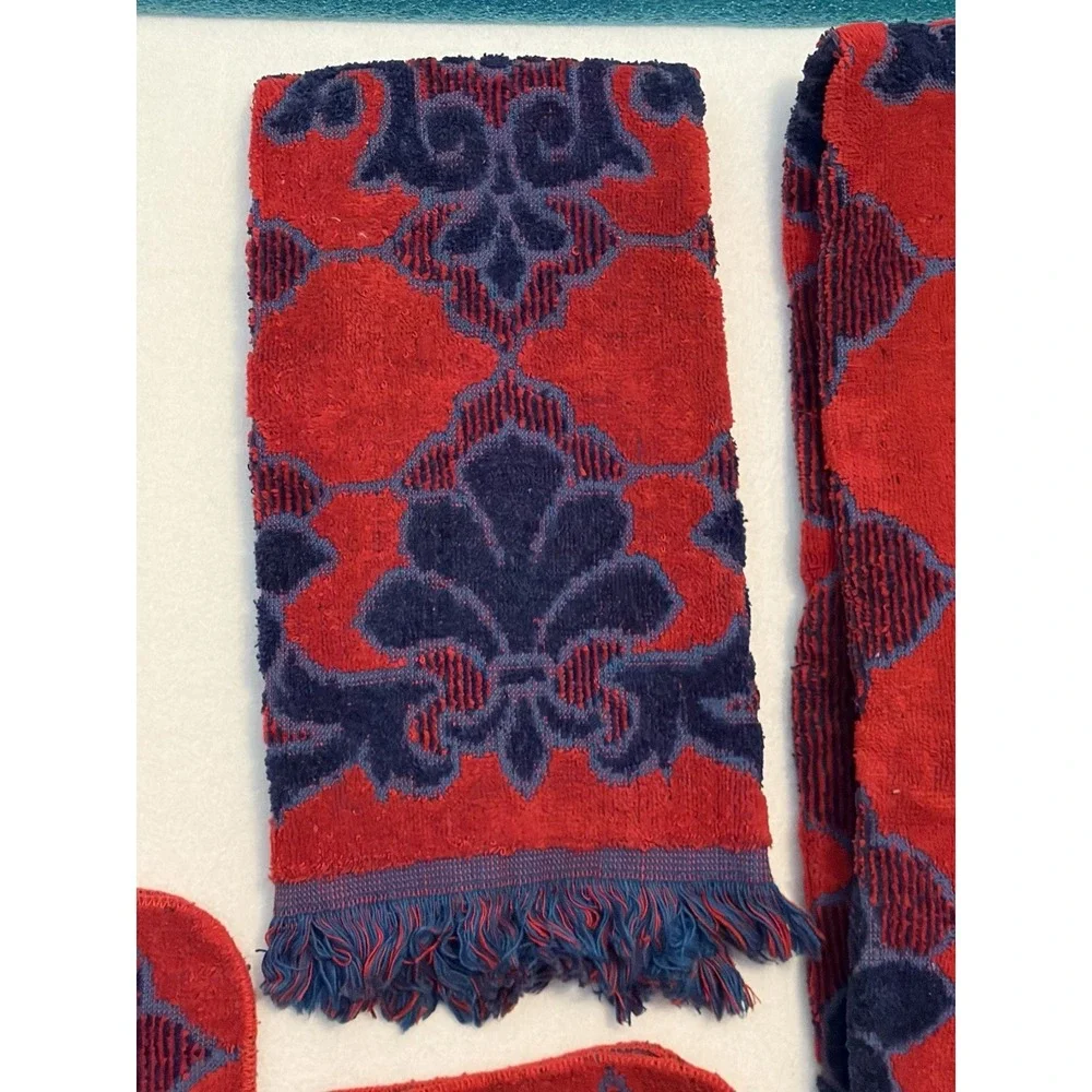 Fashion Manor 5pc Vtg Bath Towel/Washcloth/HandTowel Set/BlueRed/60s-70's/Fringe